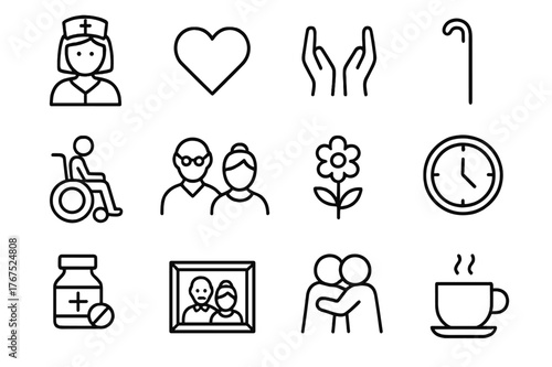 Elder Care Icons. Elder care and love. Line outline icon set of elder care and love: nurse, heart, hands, cane