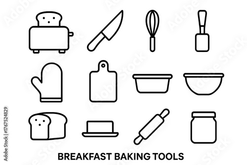 Breakfast Baking Tools. Breakfast baking tools. Line outline icon set of breakfast baking tools: toaster,