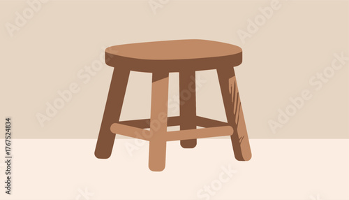 Wooden stool with rounded seat and four legs, minimalist design, isolated on beige background