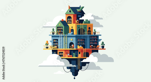Whimsical Floating House Amidst Clouds, A Colorful Architectural Fantasy.