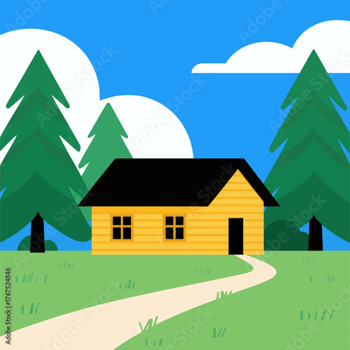 Yellow cabin house with black roof, flat design, forest path, peaceful countryside setting