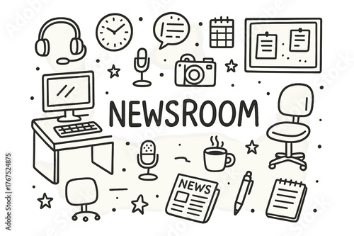 Newsroom Doodle Icons. Newsroom. Hand-drawn doodle illustration of Newsroom. desk, computer monitor, keyboard,