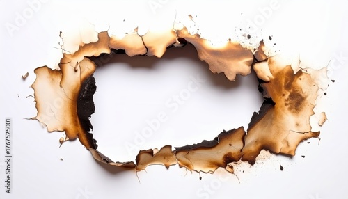 Burnt hole in white paper with charred edges and scorched texture isolated on clean background