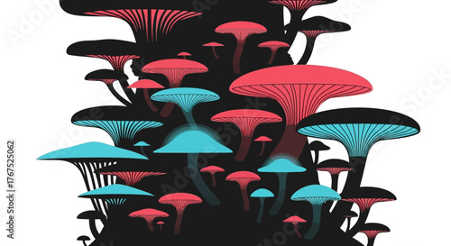 A vibrant cluster of stylized red and cyan mushrooms.