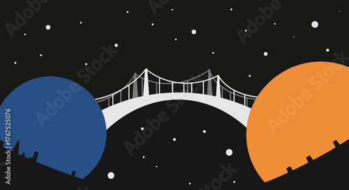 A white suspension bridge connecting two different circular worlds.