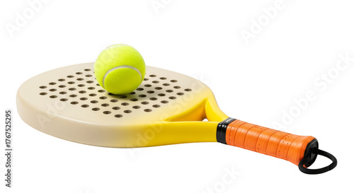 Paddle tennis ball rests on yellow racket