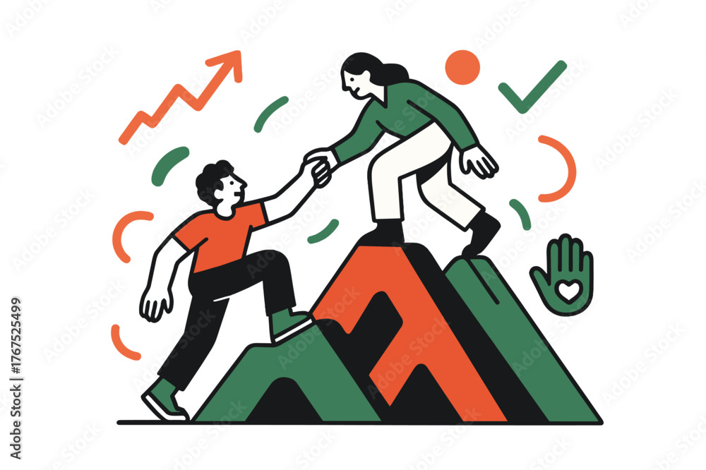 Obraz premium Journey to Self-Improvement. Path of growth. Two figures climbing a stylized mountain of self-development,