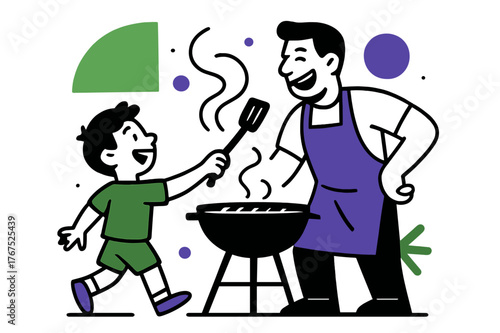 Image Generation. Father and son cooking together. A young boy hands a spatula to his dad beside the grill,