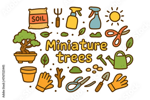 Whimsical Bonsai Doodle. Miniature trees. Hand-drawn doodle illustration of Miniature trees. Potted bonsai,