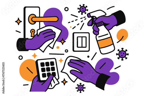 Coordinated Cleaning Process. Disinfection process. Several hands clean different surfaces ? door handles,