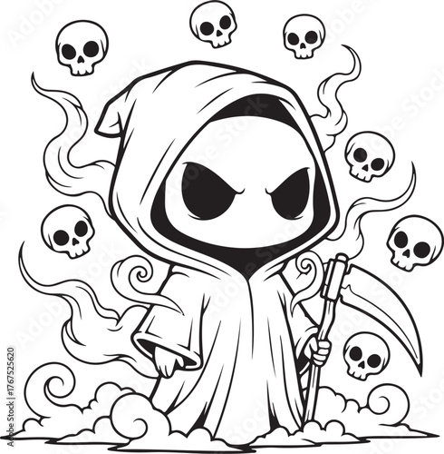 Cute cartoon grim reaper with skulls and smoke
