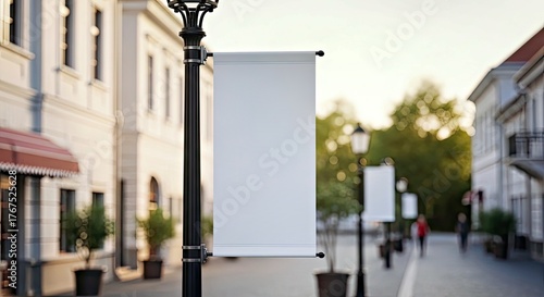 City Street Display: An urban street scene presents a row of elegant buildings, a decorative lamp post prominently displays a blank flag, ideal for visual communication or marketing.