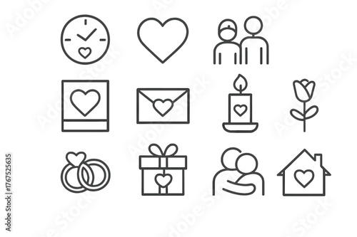 Timeless Love Icons. Love through time. Line outline icon set of love through time: clock, heart, couple,