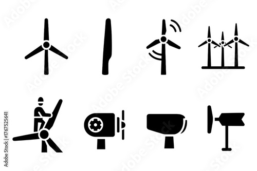 Windmill Icon Set. Windmill blade. Filled icon set of windmill blade: three-blade turbine, single blade,