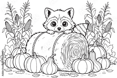 Cute cartoon raccoon peeking over hay bale with pumpkins and corn stalks