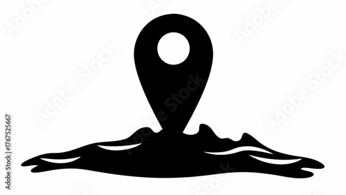 Location pin icon placed on a stylized landmass with wave like features in a simple black and white design