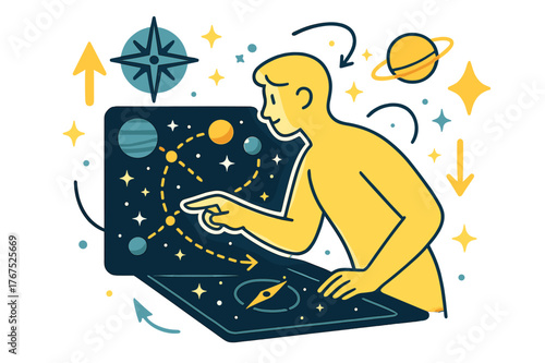 Celestial Course Plotting. Interstellar navigation. A glowing character plotting courses on a holographic star