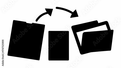 Black folders with arrows indicating file transfer on a white background in a simple graphic design style