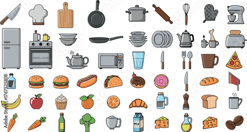 Collection of kitchen utensils and food items for cooking and dining.