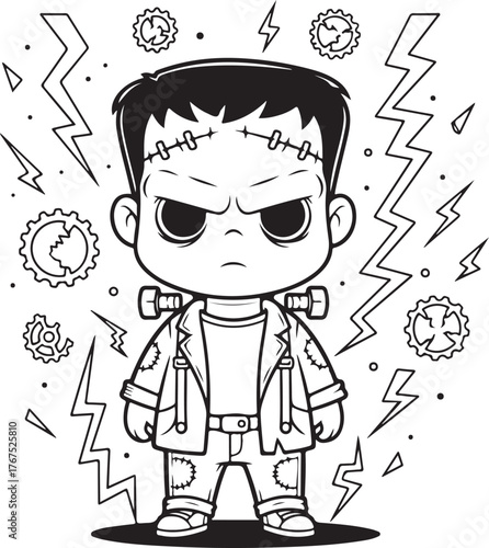 Cute cartoon frankenstein monster character with bolts in neck and stitches