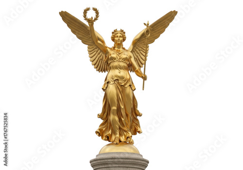 Golden winged angel statue holding a laurel wreath and a staff, isolated on transparent background