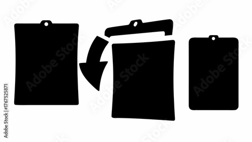 Black and white illustration showing a trash can with an arrow pointing into it and two solid rectangles
