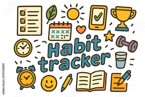 Colorful Habit Tracker Doodles. Habit tracker. Hand-drawn doodle illustration of habit tracker. Checklist,