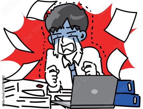 パソコンと若手男性会社員の困った時のセットベクターイラスト