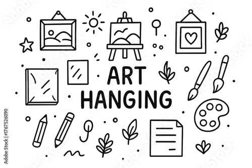 Art Doodle Montage. Art Hanging. Hand-drawn doodle illustration of Art Hanging. framed painting, easel,