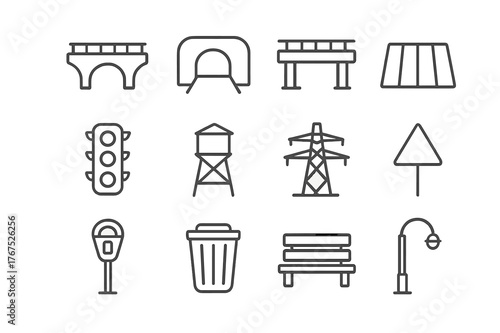 City Infrastructure Icons. City infrastructure. Line outline icon set of City infrastructure: bridge, tunnel,