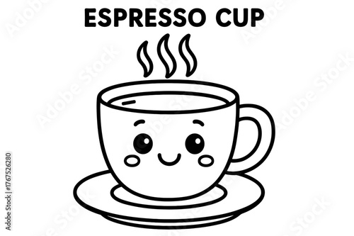 Smiling Espresso Cup. Espresso cup children?s coloring book illustration, outlined drawing, cute steaming