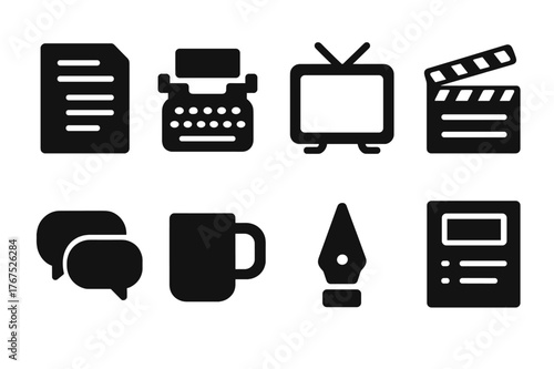 Television Scriptwriting Icons. Scriptwriting for television. Filled icon set of scriptwriting for television: