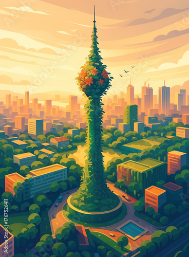Green Eco-City Tower: Vector Illustration of a Skyscraper Overgrown with Plants and Flowers in an Urban Landscape at Sunset, Symbolizing Sustainability and Nature Integration