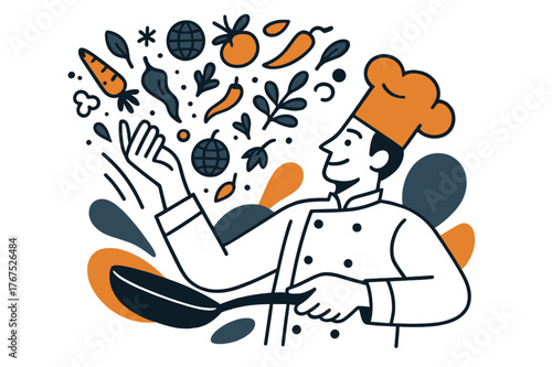 Global Culinary Fusion. Cooking without borders. A chef tosses ingredients into the air ? spices, vegetables,