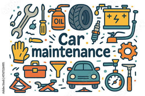 Car Maintenance Doodle. Car maintenance. Hand-drawn doodle illustration of Car maintenance. Wrench,
