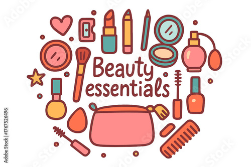 Colorful Beauty Doodle. Beauty essentials. Hand-drawn doodle illustration of beauty essentials. Sharpener,