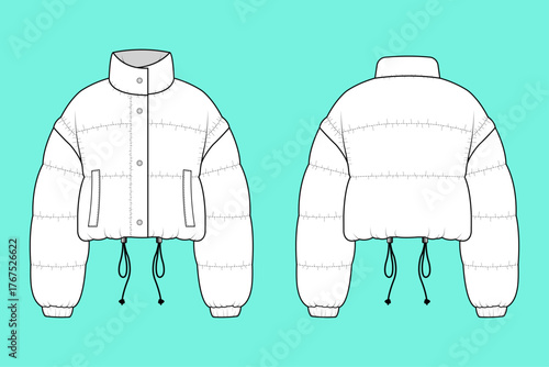Women's Long Sleeve Funnel Neck Cropped Puffer Jacket with Cinched Hem Technical Flat Sketch CAD Template.