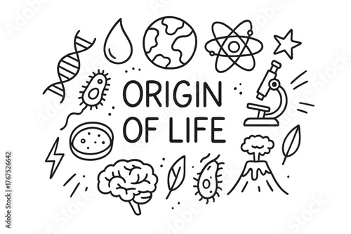 Origin of Life Doodle. Origin of Life. Hand-drawn doodle illustration of Origin of Life. DNA strand, cell,