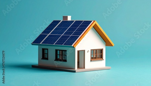 Wallpaper Mural Model house with pitched roof, chimney, and solar panels on light blue background, symbolizing sustainable residential energy. Torontodigital.ca