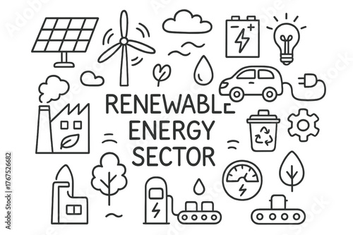 Renewable Energy Doodle. Renewable energy sector. Hand-drawn doodle illustration of Renewable energy sector.
