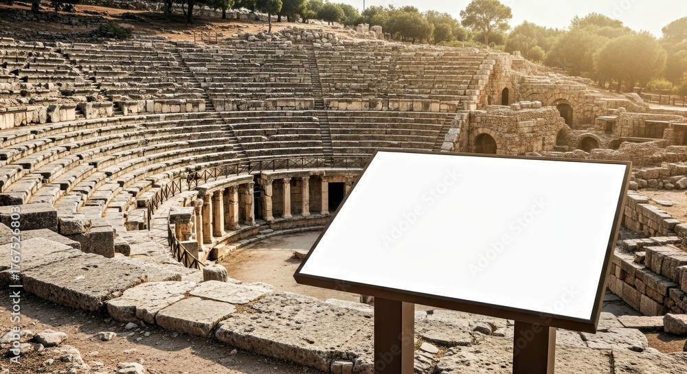 Fototapeta premium Empty Sign at the Ancient Amphitheater: An inviting scene of a classic amphitheater invites visitors to explore a moment. A blank sign in the forefront for your message.