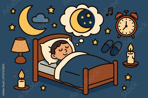 Peaceful Nighttime Dream. bed, pillow, blanket, sleeping face, moon, stars, cloud, dream bubble, alarm clock,