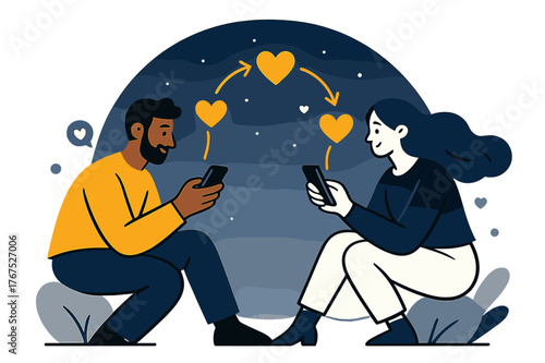Connected by Hearts. Long-distance love. Two characters sitting apart but connected by floating glowing hearts