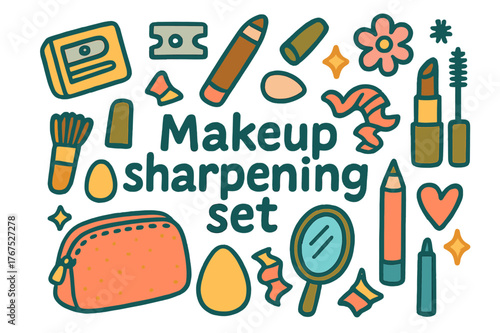 Makeup Sharpening Essentials. Makeup sharpening set. Hand-drawn doodle illustration of makeup sharpening set.