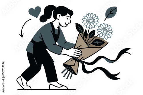 Vibrant Floral Bouquet. Hand-tied bouquet. A florist wrapping glowing stems of dahlias and leaves in paper,