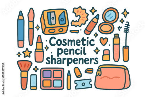 Colorful Cosmetic Doodles. Cosmetic pencil sharpeners. Hand-drawn doodle illustration of cosmetic pencil