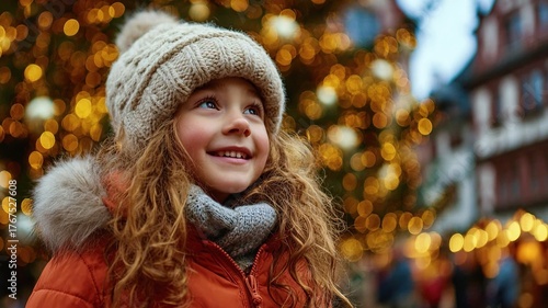 Smiling child in a knit hat under sparkling holiday lights. Cozy winter portrait with golden bokeh and festive market glow.