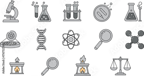 A Collection of Gray Scale Science and Chemistry Icons.