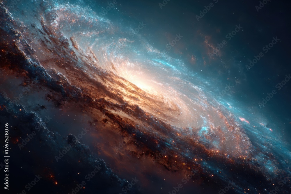 Fototapeta premium Glowing celestial spiral galaxy featuring intricate nebulae, cosmic dust, and vibrant colors in deep outer space