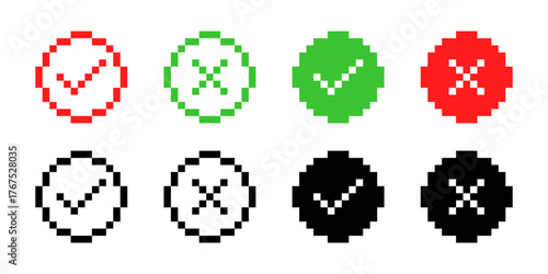 Checkmark and cross signs in pixel style vector icon set